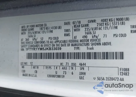 2018 Ford Transit-250 из США, поврежденный, VIN 1FTYR1YM5JKB33039